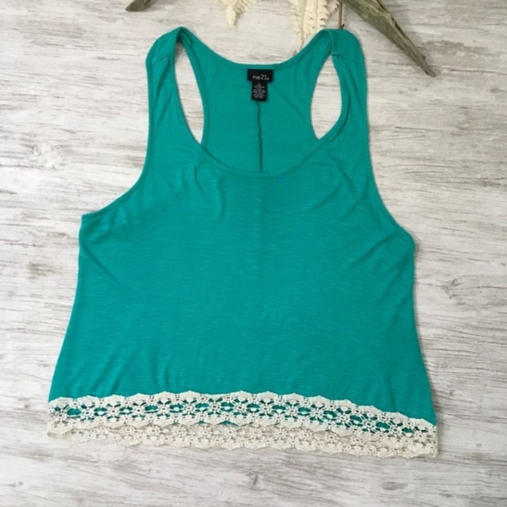 Aqua Teal Lace Racer Back Tank Top L Rue 21 Soft Woman’s Juniors Rayon Cotton